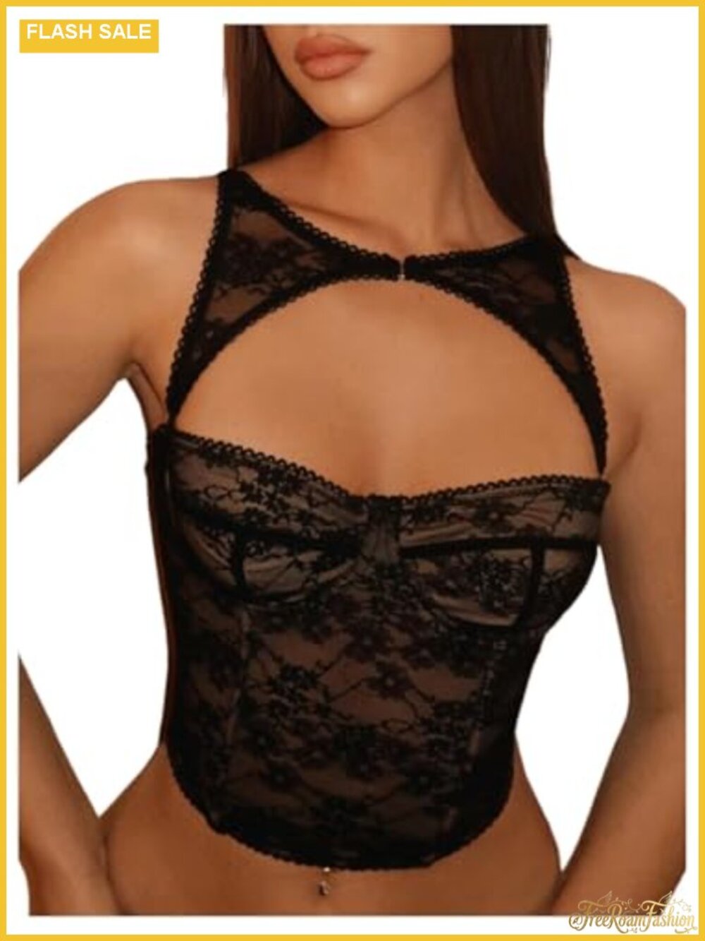 Women's Lace Crop Corset Bustier Tank Top Sheer Mesh Hook Eye Back Slim Fit